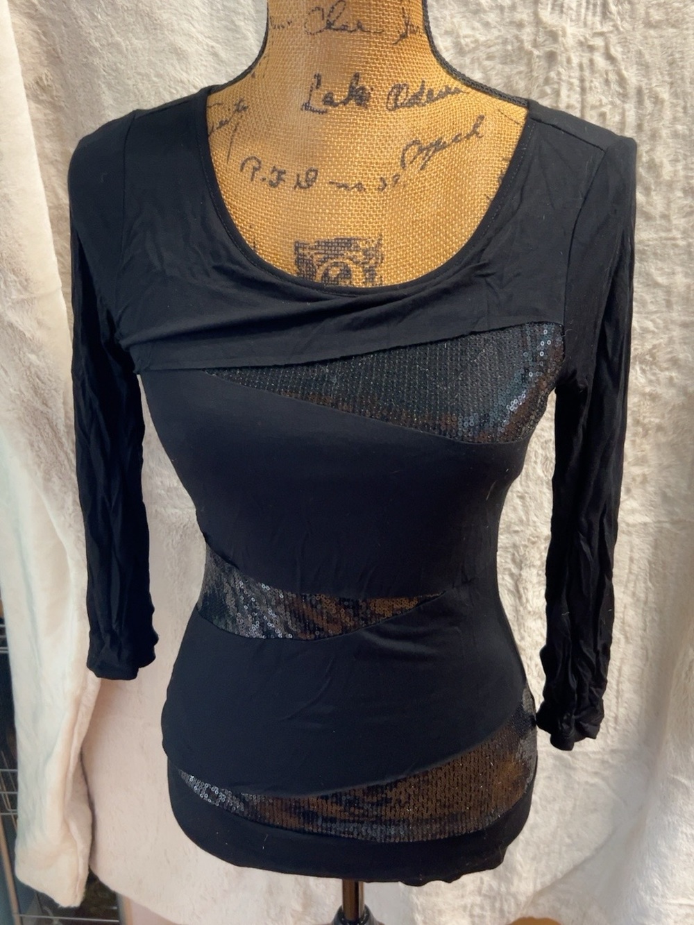 VENUS Black Sequin Mesh Panel 3/4 Sleeve Top Size S